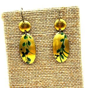 Iridescent Gold Tone  Earrings with Abstract Green Design